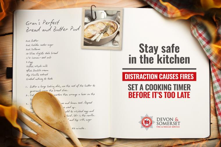 a notebook style recipe book showing a scribbled recipe for Gran's bread and butter putting with the words 'stay safe in the kitchen. distraction causes fires. set a cooking timer before it's too late'.