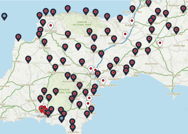 A map of the Devon and Somerset area